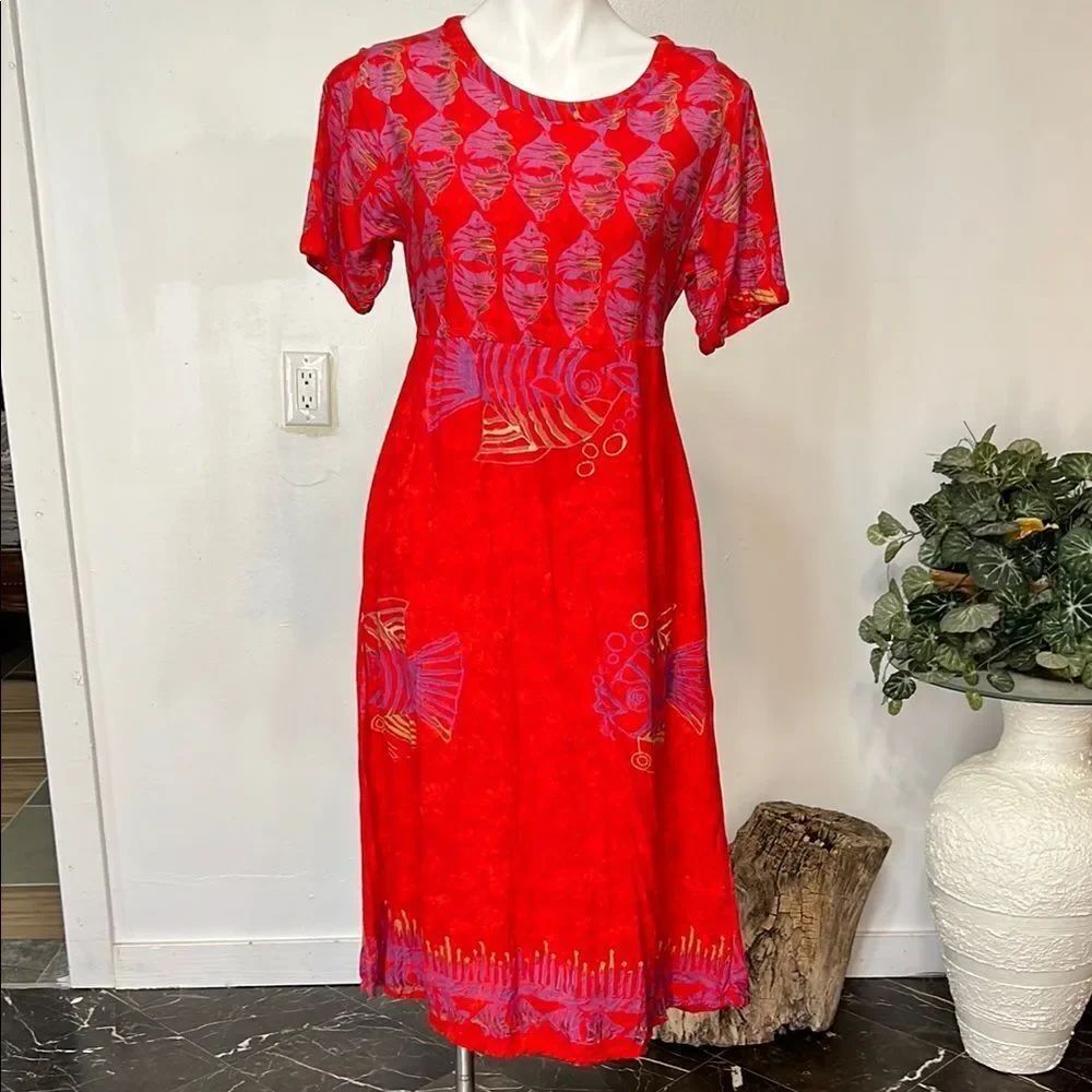 La Cera Vibrant Red  fish Patterned Midi Dress